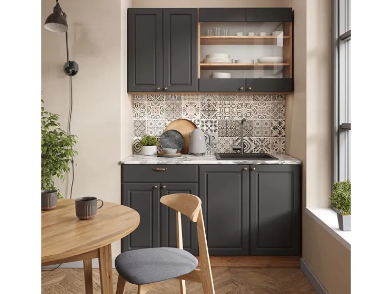 Hot Vicco Fame-Line Singleküche Anthrazit Landhaus/Goldkraft Eiche 140 cm AP Marmor ohne E-Geräte Single-Küchen