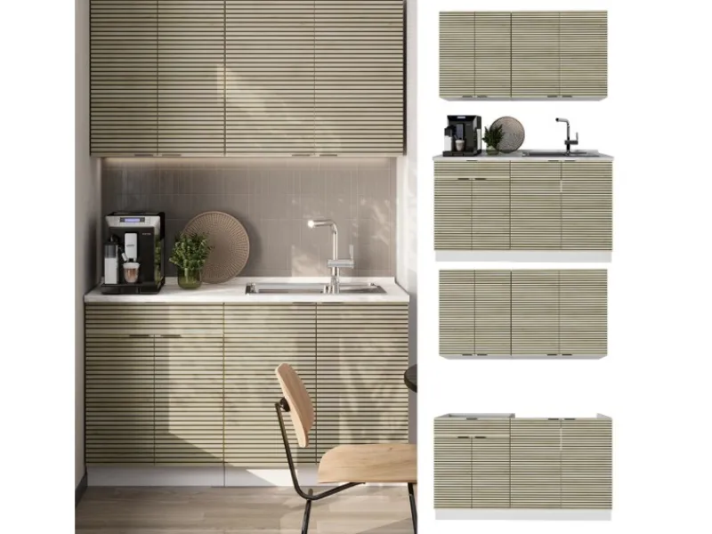 Vicco Fame-Line Singleküche Eiche Paneel/Weiß 140 cm ohne Arbeitsplatte ohne E-Geräte Single-Küchen|Einbauküchen