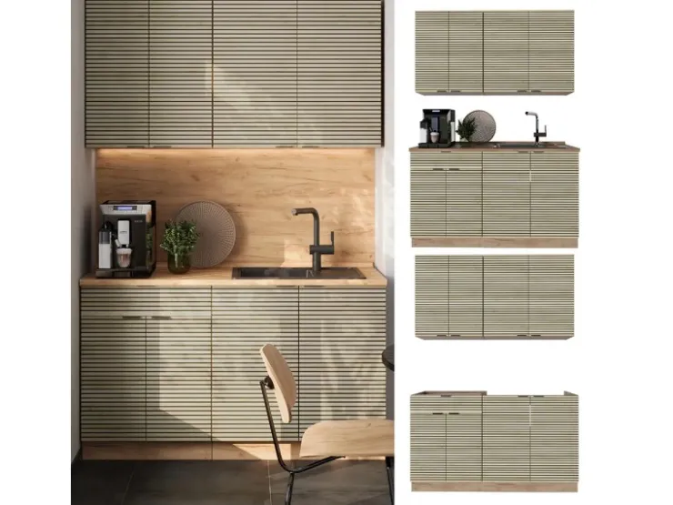 Single-Küchen|Einbauküchen<Vicco Fame-Line Singleküche Eiche Paneel/Goldkraft Eiche 140 cm ohne Arbeitsplatte ohne E-Geräte Berghütten Eiche