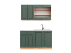 Single-Küchen|Einbauküchen<Vicco Fame-Line Singleküche -Gold Landhaus/Goldkraft Eiche 140 cm AP Marmor ohne E-Geräte Grün