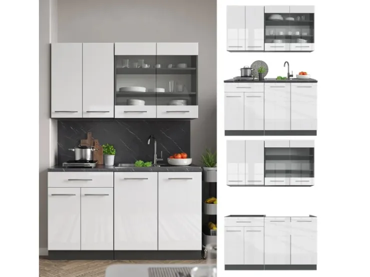 Single-Küchen<Vicco Fame-Line Singleküche /Anthrazit 140 cm AP Anthrazit ohne E-Geräte Weiß Hochglanz