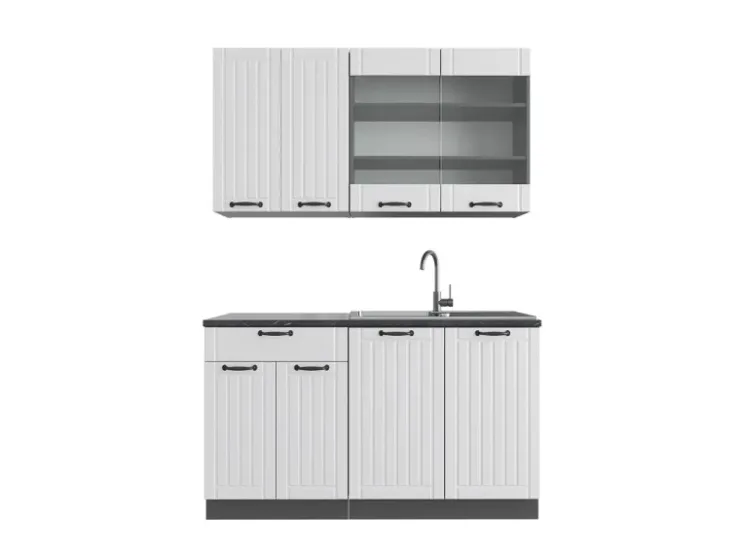New Vicco Fame-Line Singleküche Weiß Landhaus/Anthrazit 140 cm ohne Arbeitsplatte ohne E-Geräte Weiß Strukturiert