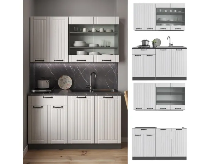 New Vicco Fame-Line Singleküche Weiß Landhaus/Anthrazit 140 cm ohne Arbeitsplatte ohne E-Geräte Weiß Strukturiert