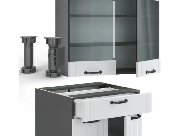 New Vicco Fame-Line Singleküche Weiß Landhaus/Anthrazit 140 cm ohne Arbeitsplatte ohne E-Geräte Weiß Strukturiert