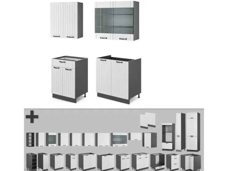 New Vicco Fame-Line Singleküche Weiß Landhaus/Anthrazit 140 cm ohne Arbeitsplatte ohne E-Geräte Weiß Strukturiert