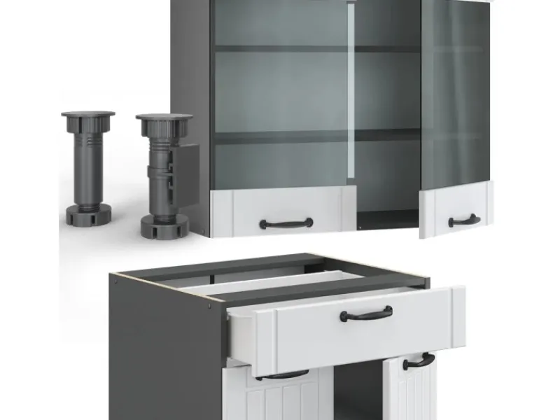 Clearance Vicco Fame-Line Singleküche Weiß Landhaus/Anthrazit 140 cm AP Marmor ohne E-Geräte Single-Küchen
