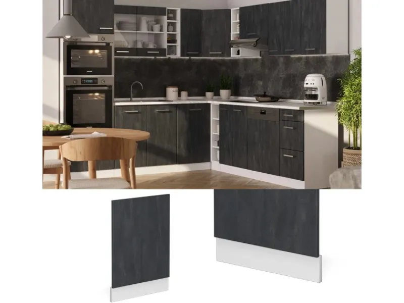 Discount Vicco Frontblende R-Line Geschirrspüler Fronttür Schwarz Beton/Weiß 45 cm AP Marmor Einbauküchen
