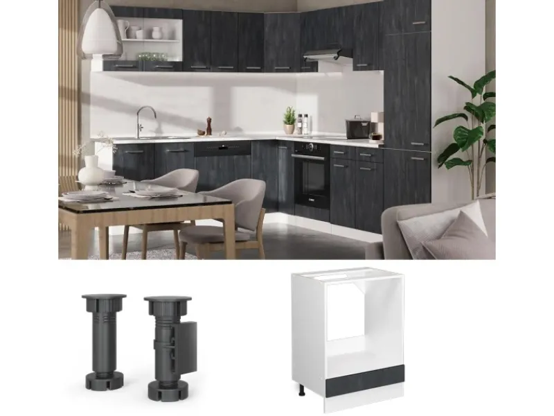Clearance Vicco Herdumbauschrank R-Line Schwarz Beton/Weiß 60 cm ohne Arbeitsplatte Herde
