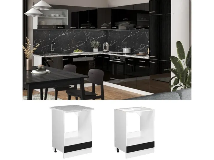Hot Vicco Herdumbauschrank R-Line Herdschrank Schwarz Hochglanz/Weiß 60 cm AP Eiche Schwarz Glänzend