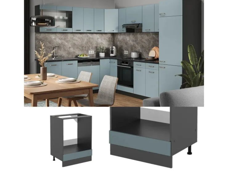 Pfannen<Vicco Herdumbauschrank R-Line Blau-Grau/Anthrazit 60 cm ohne Arbeitsplatte Blaugrau