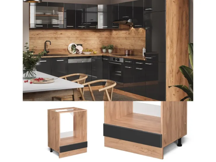 Vicco Herdumbauschrank R-Line Hochglanz/Goldkraft Eiche 60 cm AP Eiche Anthrazit