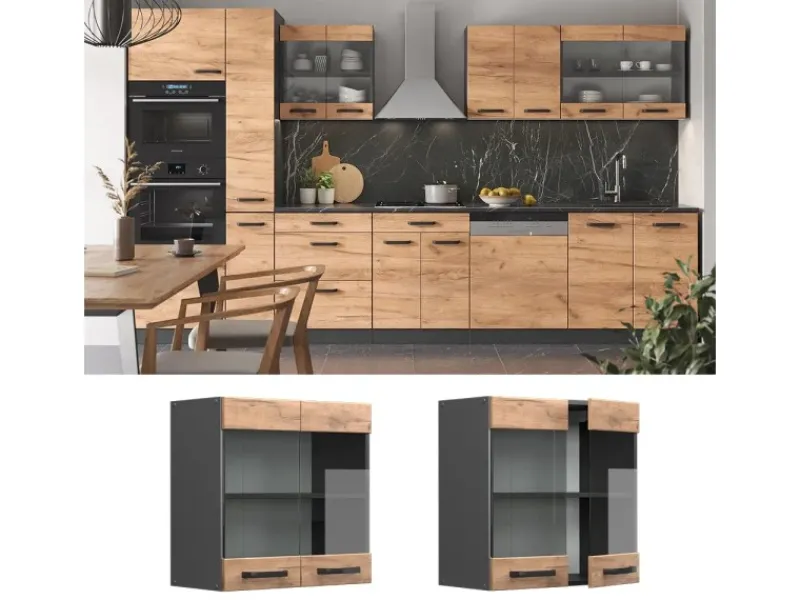 Vicco Küchenglasschrank R-Line Glashängeschrank Goldkraft /Anthrazit 60 cm Küchenschränke