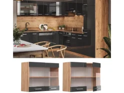 Vicco Küchenglasschrank R-Line Hochglanz/Goldkraft Eiche 80 cm Küchenschränke
