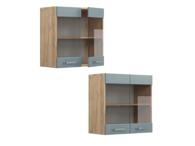 Küchenschränke<Vicco Küchenglasschrank R-Line Glashängeschrank Blau-Grau/Goldkraft Eiche 60 cm Blaugrau