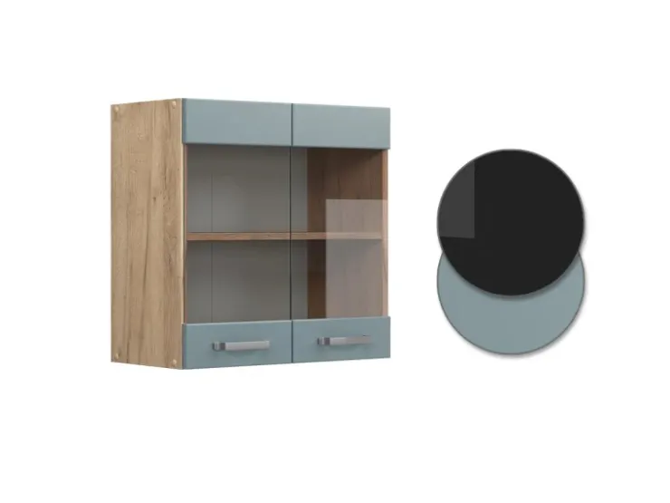 Küchenschränke<Vicco Küchenglasschrank R-Line Glashängeschrank Blau-Grau/Goldkraft Eiche 60 cm Blaugrau