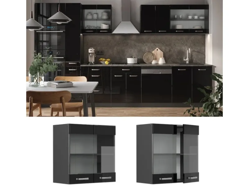Discount Vicco Küchenglasschrank R-Line Glashängeschrank Schwarz Hochglanz 60 cm Küchenschränke