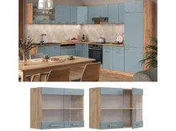 Sale Vicco Küchenglasschrank R-Line Glashängeschrank Blau-Grau/Goldkraft Eiche 80 cm Küchenschränke