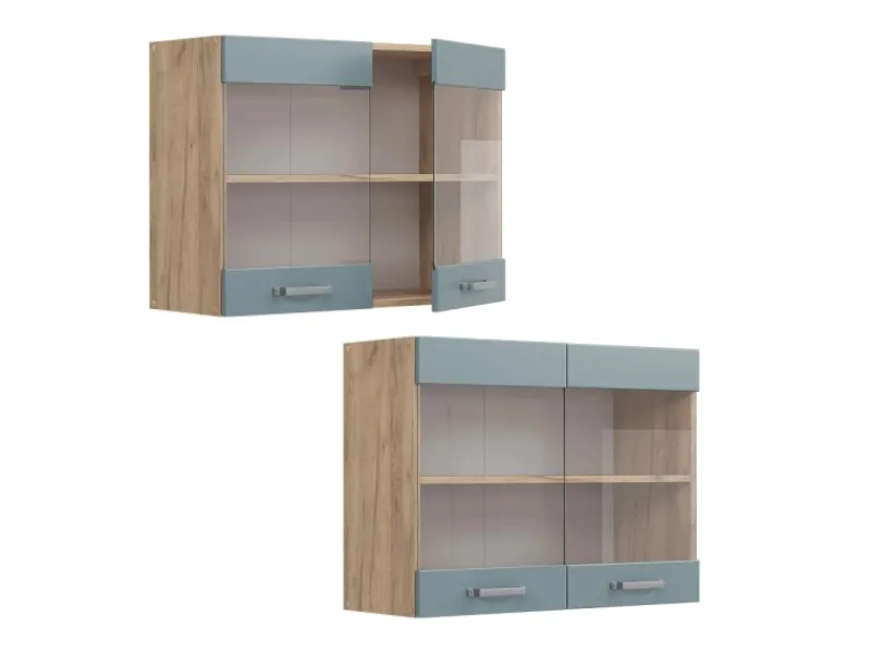 Sale Vicco Küchenglasschrank R-Line Glashängeschrank Blau-Grau/Goldkraft Eiche 80 cm Küchenschränke