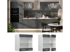 New Vicco Küchenglasschrank R-Line Glashängeschrank Schwarz Beton/Weiß 60 cm Beton Anthrazit