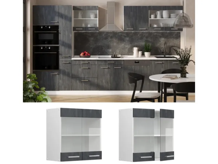 New Vicco Küchenglasschrank R-Line Glashängeschrank Schwarz Beton/Weiß 60 cm Beton Anthrazit