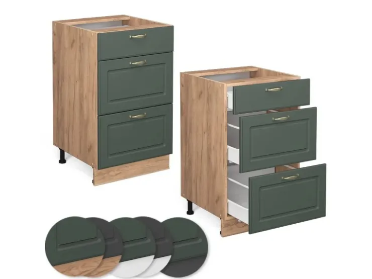 Vicco Küchenunterschrank Fame-Line Grün-Gold Landhaus/Goldkraft Eiche 50 cm AP Eiche Dunkelgrün