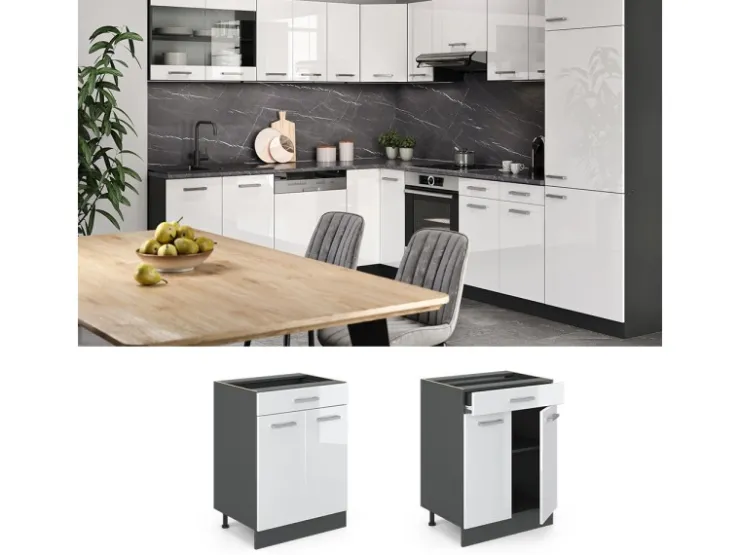 Pfannen<Vicco Küchenunterschrank R-Line Hochglanz 60 cm mit Schublade ohne Arbeitsplatte Weiß