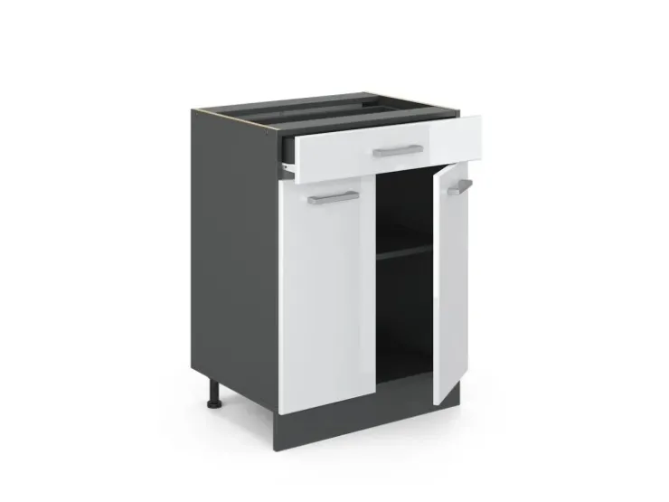 Pfannen<Vicco Küchenunterschrank R-Line Hochglanz 60 cm mit Schublade ohne Arbeitsplatte Weiß