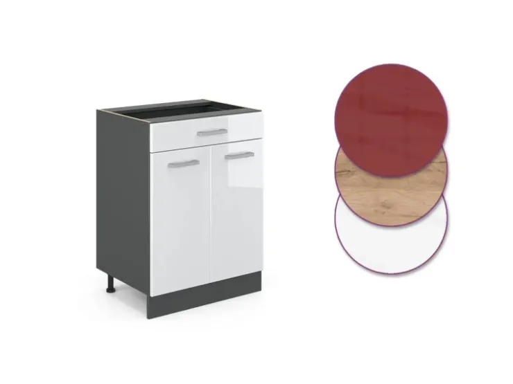 Pfannen<Vicco Küchenunterschrank R-Line Hochglanz 60 cm mit Schublade ohne Arbeitsplatte Weiß