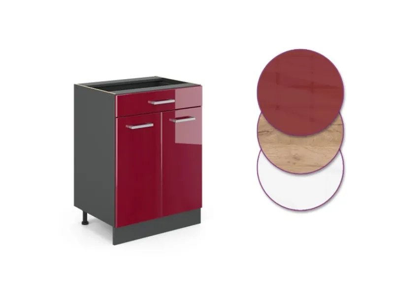 Sale Vicco Küchenunterschrank R-Line Bordeaux Hochglanz/Anthrazit 60 cm mit Schublade ohne Arbeitsplatte Pfannen|Einbauküchen