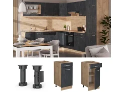 Pfannen<Vicco Küchenunterschrank R-Line Schubladenschrank für die Küche Schwarz Beton 40 cm AP Eiche mit Goldkraft Eiche Korpus Beton Anthrazit