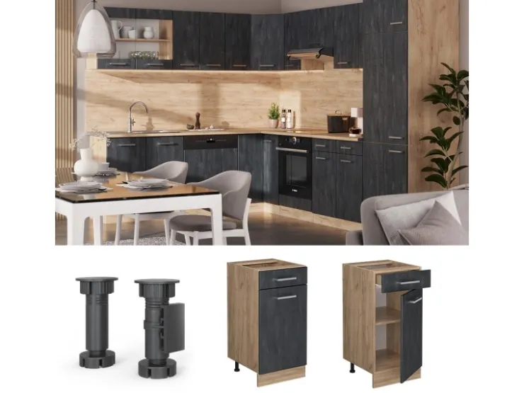 Pfannen<Vicco Küchenunterschrank R-Line Schubladenschrank für die Küche Schwarz Beton 40 cm AP Eiche mit Goldkraft Eiche Korpus Beton Anthrazit
