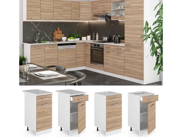 Pfannen<Vicco Küchenunterschrank R-Line Schubladenschrank für die Küche Sonoma/Weiß 40 cm AP Marmor Sonoma Eiche