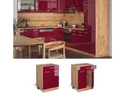 Pfannen<Vicco Küchenunterschrank R-Line Bordeaux Hochglanz/Goldkraft Eiche 60 cm mit Schublade ohne Arbeitsplatte Bordeaux-Glanz