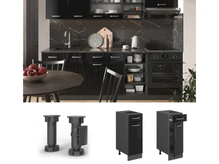 Discount Vicco Küchenunterschrank R-Line Schwarz Hochglanz/Anthrazit 30 cm AP Eiche Schwarz Glänzend