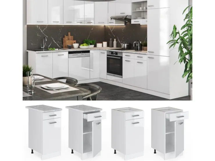 Pfannen<Vicco Küchenunterschrank R-Line Schubladenschrank für die Küche Hochglanz/ 40 cm AP Marmor Weiß