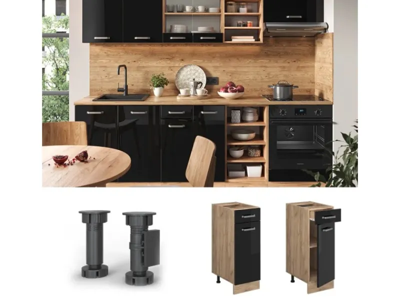 New Vicco Küchenunterschrank R-Line Schwarz Hochglanz/Goldkraft Eiche 30 cm AP Eiche Pfannen