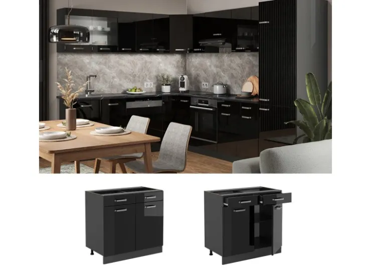 Hot Vicco Küchenunterschrank R-Line Schwarz Hochglanz/Anthrazit 80 cm ohne Arbeitsplatte Schwarz Glänzend