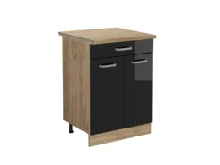 Pantryküchen<Vicco Küchenunterschrank R-Line Schwarz Hochglanz/Goldkraft Eiche 60 cm mit Schublade AP Eiche Schwarz Glänzend