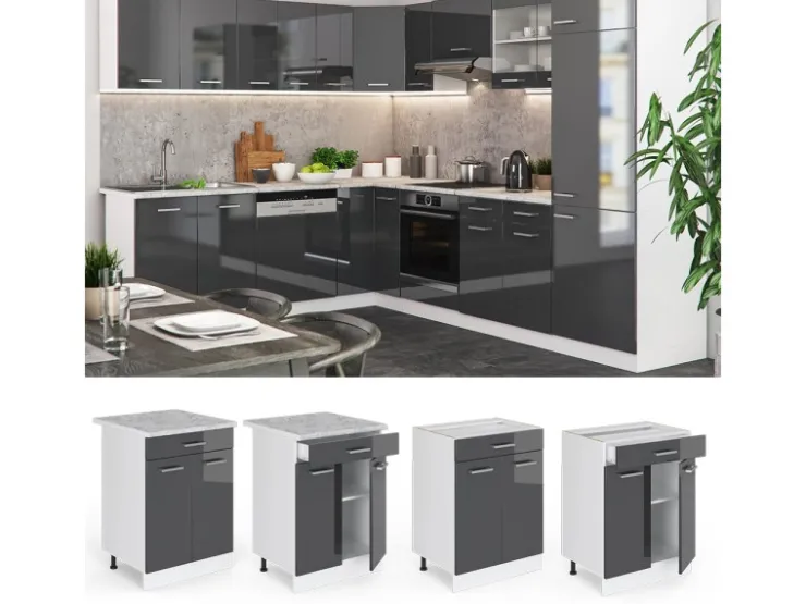 Clearance Vicco Küchenunterschrank R-Line Schwarz Hochglanz/Weiß 60 cm mit Schubladen ohne Arbeitsplatte Küchenschränke