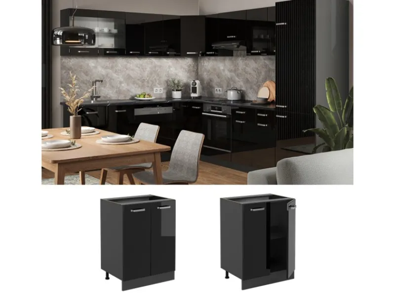 Discount Vicco Küchenunterschrank R-Line Schwarz Hochglanz/Anthrazit 60 cm AP Anthrazit Küchenschränke