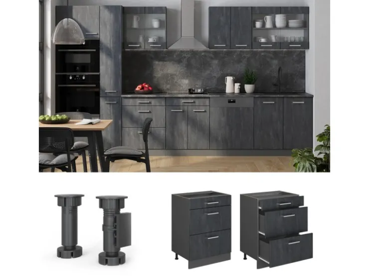 Küchenschränke<Vicco Küchenunterschrank R-Line Schwarz Beton 60 cm ohne Arbeitsplatte mit Anthrazit Korpus Beton Anthrazit