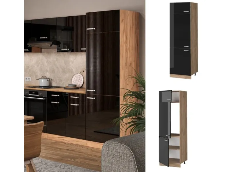 Hot Vicco Kühlumbauschrank R-Line Schwarz Hochglanz/Goldkraft Eiche 60 cm Kühlschränke