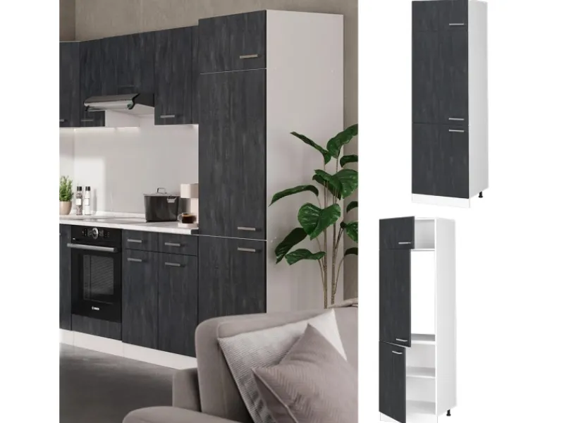 Vicco Kühlumbauschrank R-Line Hochschrank für die Küche Schwarz Beton/Weiß 60 cm Küchenschränke