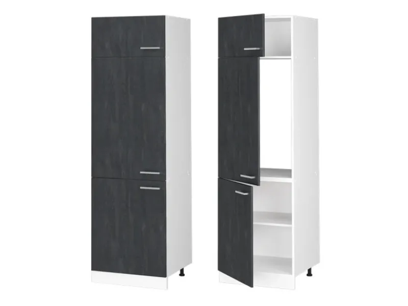 Vicco Kühlumbauschrank R-Line Hochschrank für die Küche Schwarz Beton/Weiß 60 cm Küchenschränke