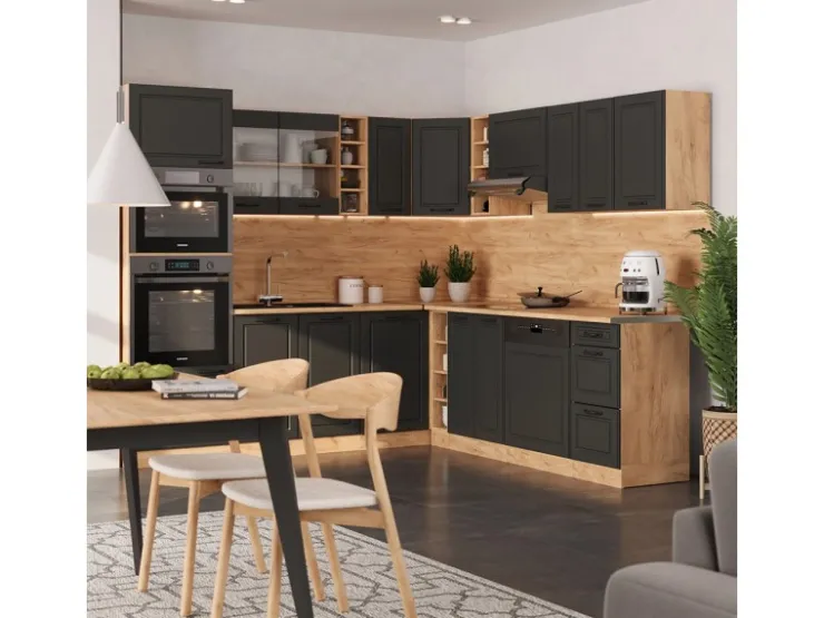 Winkelküchen<Vicco R-Line Eckküche Anthrazit Landhaus/Goldkraft Eiche 237 x 60 cm ohne Arbeitsplatte ohne E-Geräte Anthrazit Struktur