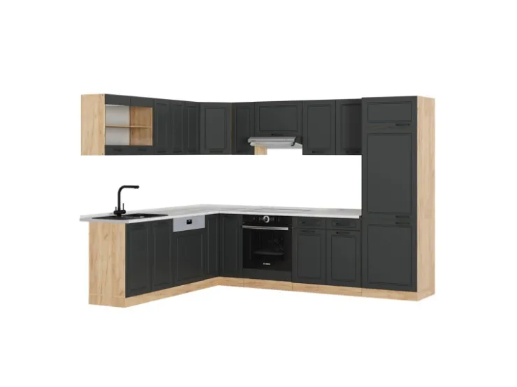 Winkelküchen<Vicco R-Line Eckküche Anthrazit Landhaus/Goldkraft Eiche 227 x 287 cm AP Marmor ohne E-Geräte Anthrazit Struktur