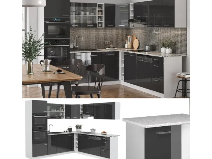 Winkelküchen|Einbauküchen<Vicco R-Line Eckküche /Weiß 237 x 60 cm ohne Arbeitsplatte ohne E-Geräte Anthrazit Hochglanz