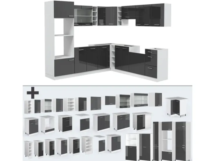 Winkelküchen|Einbauküchen<Vicco R-Line Eckküche /Weiß 237 x 60 cm ohne Arbeitsplatte ohne E-Geräte Anthrazit Hochglanz