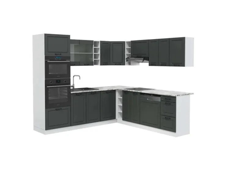 Winkelküchen<Vicco R-Line Eckküche Anthrazit Landhaus/Weiß 237 x 60 cm AP Marmor ohne E-Geräte Anthrazit Struktur