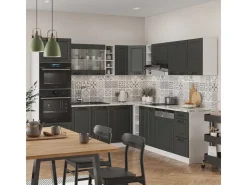 Winkelküchen<Vicco R-Line Eckküche Anthrazit Landhaus/Weiß 237 x 60 cm AP Marmor ohne E-Geräte Anthrazit Struktur